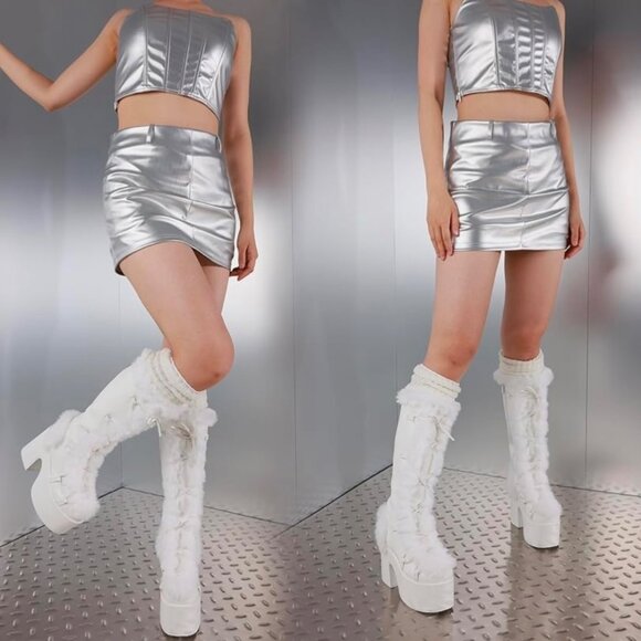 White Faux Fur Goth Platform Knee High Boots With Zippers Size 41 - Picture 14 of 16